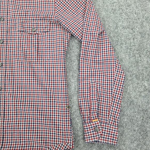 Hugo Boss Shirt Men Large Check Boss Orange Roll Tab Sleeve Casual Cotton Preppy - Picture 9 of 16